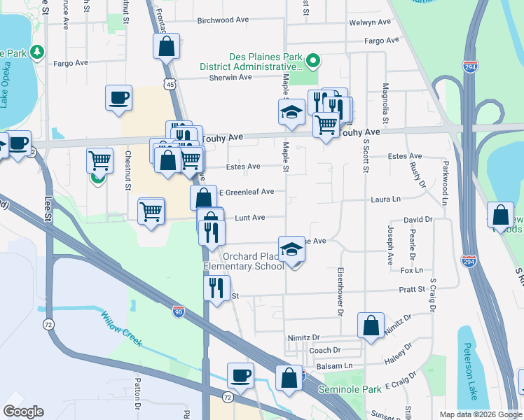 map of restaurants, bars, coffee shops, grocery stores, and more near 1753 Lunt Avenue in Des Plaines