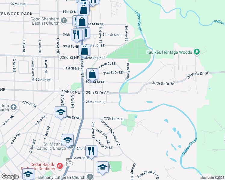map of restaurants, bars, coffee shops, grocery stores, and more near 331 29th Street Drive Southeast in Cedar Rapids