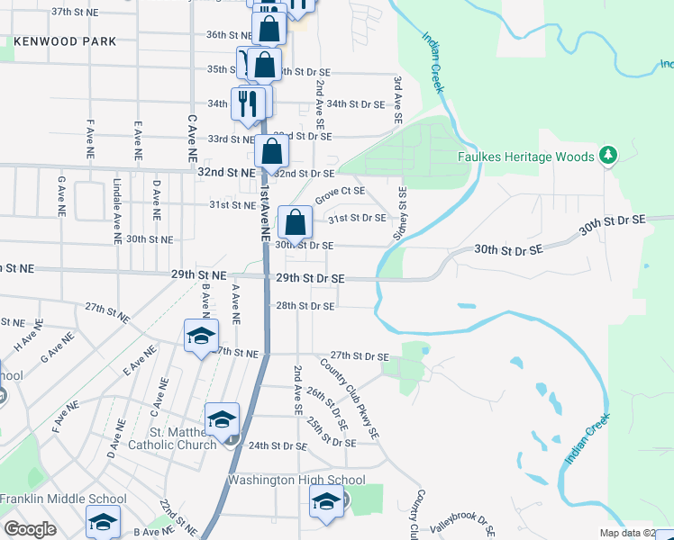 map of restaurants, bars, coffee shops, grocery stores, and more near 225 29th Street Drive Southeast in Cedar Rapids