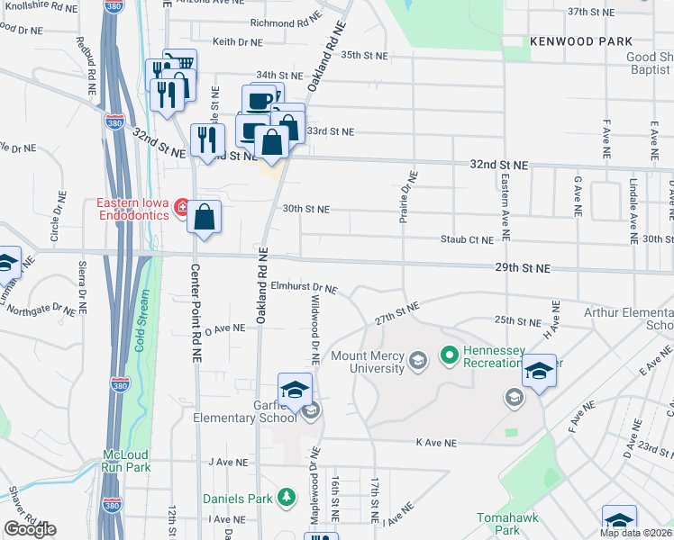 map of restaurants, bars, coffee shops, grocery stores, and more near 1386 Elmhurst Dr NE in Cedar Rapids