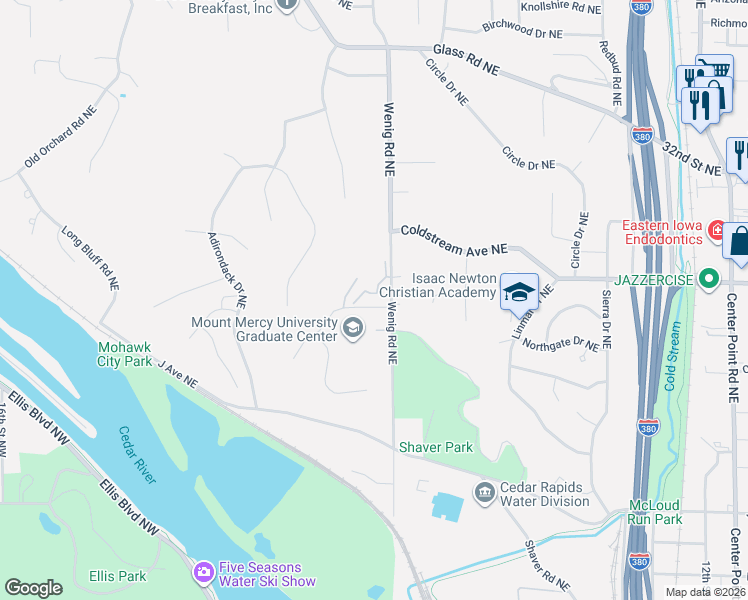 map of restaurants, bars, coffee shops, grocery stores, and more near 1705 Matterhorn Drive Northeast in Cedar Rapids