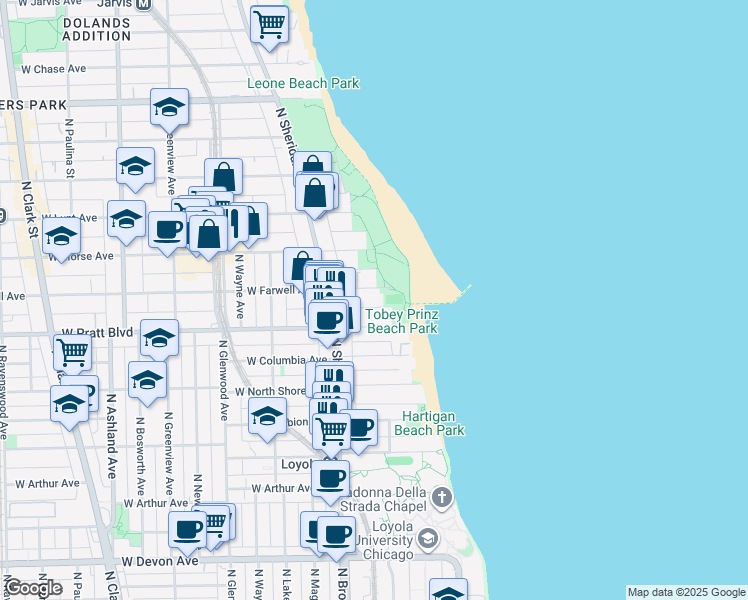 map of restaurants, bars, coffee shops, grocery stores, and more near 1134 West Pratt Boulevard in Chicago
