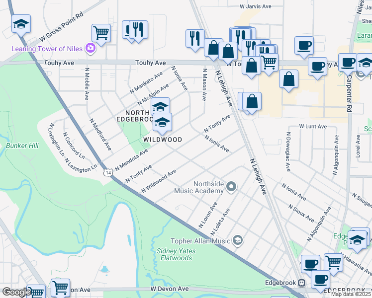 map of restaurants, bars, coffee shops, grocery stores, and more near 6854 North Wildwood Avenue in Chicago