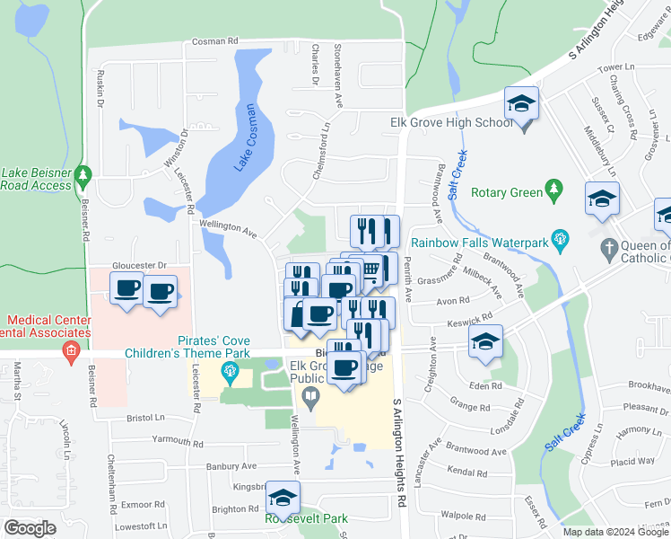 map of restaurants, bars, coffee shops, grocery stores, and more near 105 Boardwalk Street in Elk Grove Village