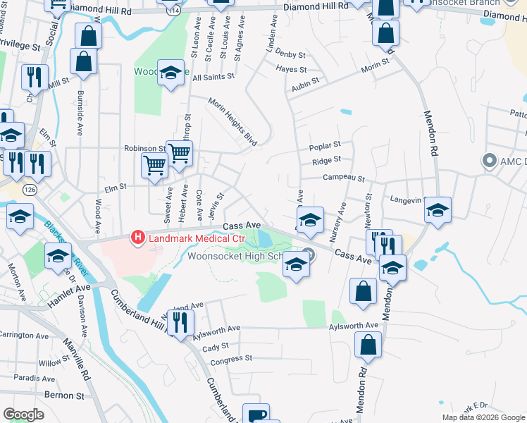 map of restaurants, bars, coffee shops, grocery stores, and more near 562 Cass Avenue in Woonsocket