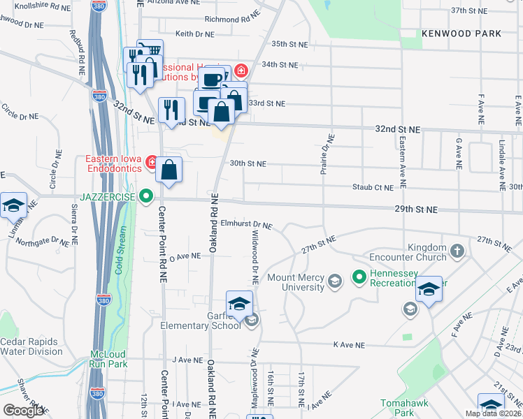 map of restaurants, bars, coffee shops, grocery stores, and more near 1386 Elmhurst Dr NE in Cedar Rapids