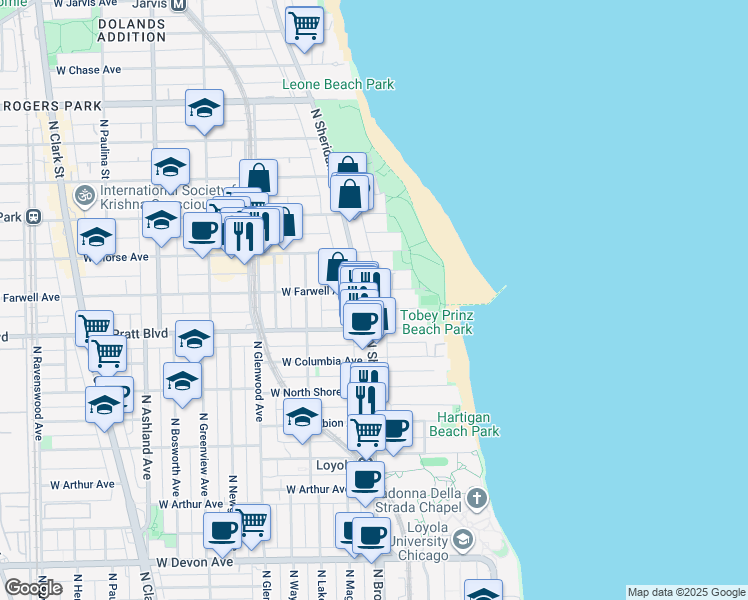 map of restaurants, bars, coffee shops, grocery stores, and more near 6825 North Sheridan Road in Chicago