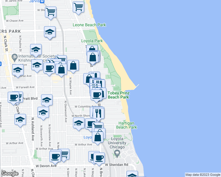map of restaurants, bars, coffee shops, grocery stores, and more near 1094 West Pratt Boulevard in Chicago