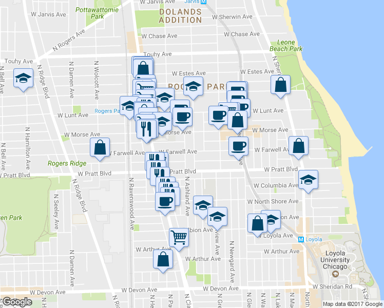 map of restaurants, bars, coffee shops, grocery stores, and more near 6834 North Ashland Boulevard in Chicago