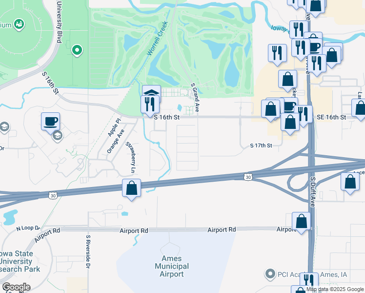 map of restaurants, bars, coffee shops, grocery stores, and more near 810 Bay Drive in Ames
