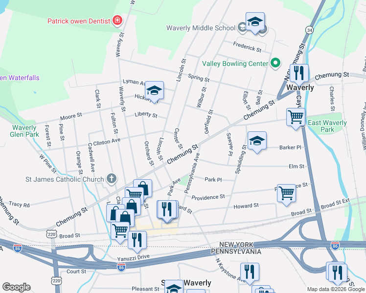 map of restaurants, bars, coffee shops, grocery stores, and more near 321-323 Chemung Street in Waverly