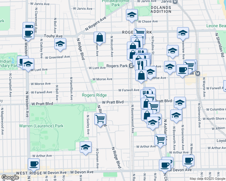 map of restaurants, bars, coffee shops, grocery stores, and more near North Wolcott Avenue & West Farwell Avenue in Chicago