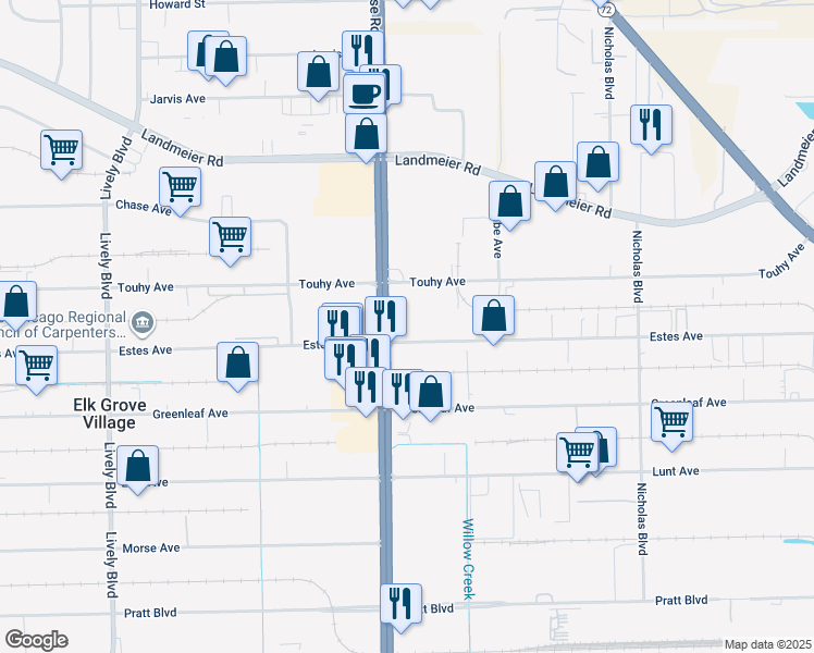 map of restaurants, bars, coffee shops, grocery stores, and more near 1700 Estes Avenue in Elk Grove Village