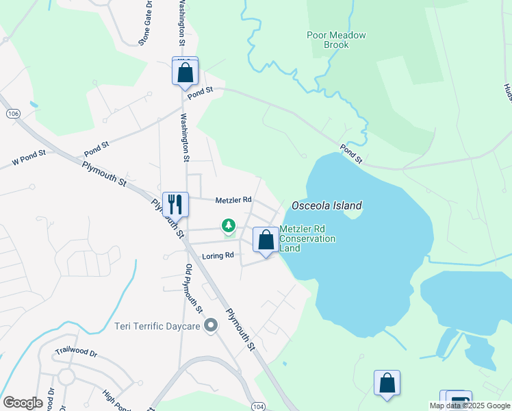 map of restaurants, bars, coffee shops, grocery stores, and more near 147 Metzler Road in East Bridgewater