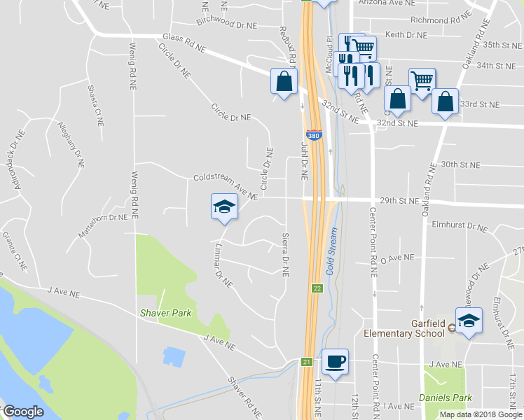 map of restaurants, bars, coffee shops, grocery stores, and more near 1751 Sherbrook Drive Northeast in Cedar Rapids