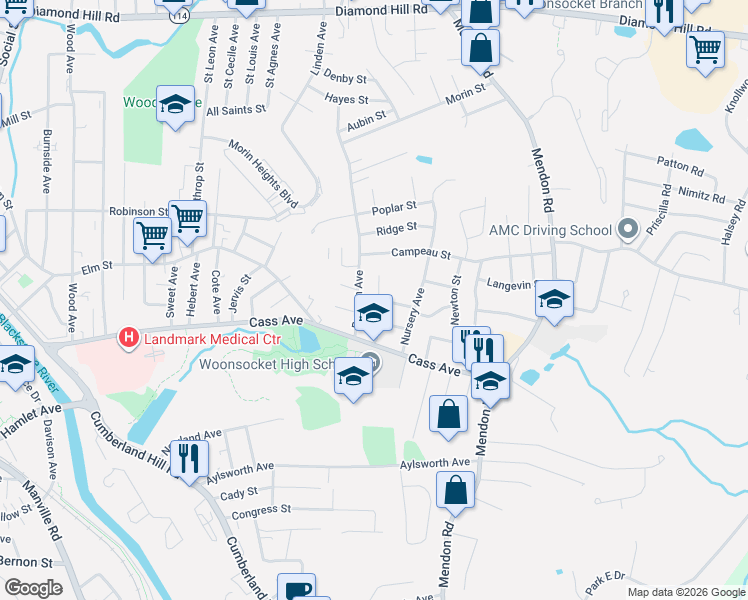 map of restaurants, bars, coffee shops, grocery stores, and more near 43 Beacon Avenue in Woonsocket