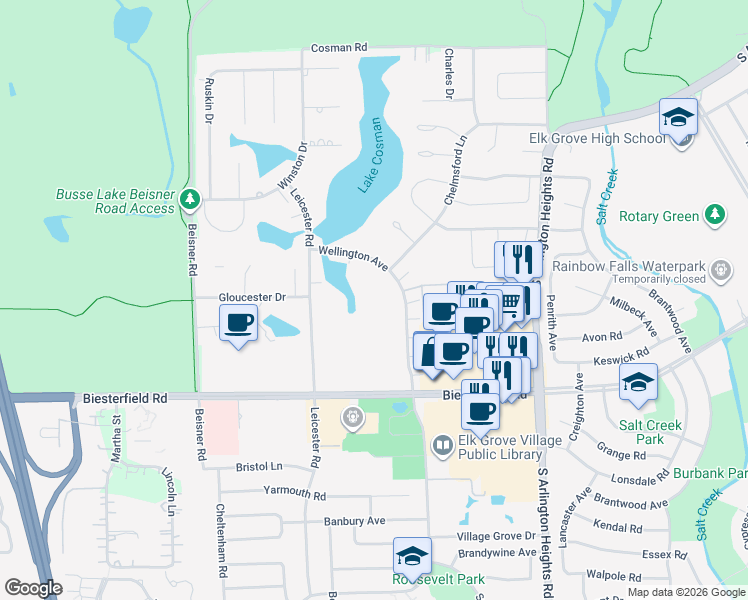 map of restaurants, bars, coffee shops, grocery stores, and more near 840 Wellington Avenue in Elk Grove Village