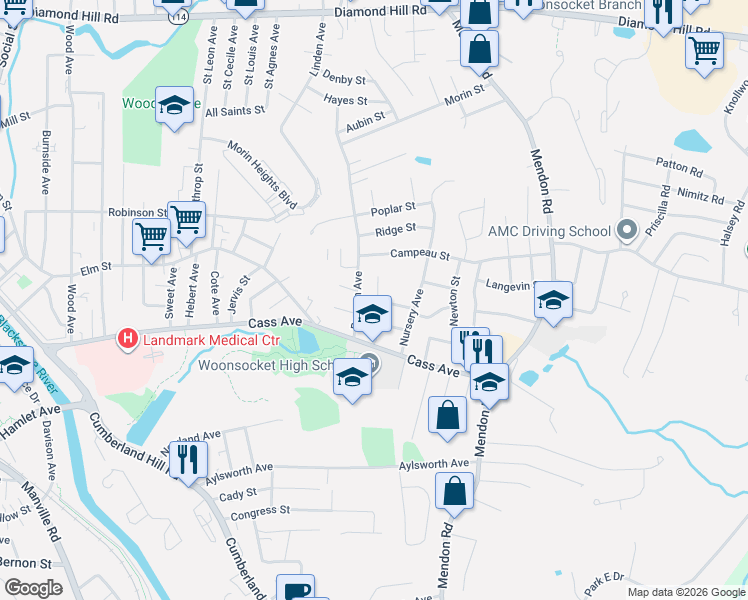 map of restaurants, bars, coffee shops, grocery stores, and more near 43 Beacon Avenue in Woonsocket