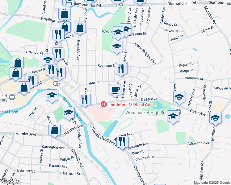 map of restaurants, bars, coffee shops, grocery stores, and more near 272 Cass Avenue in Woonsocket