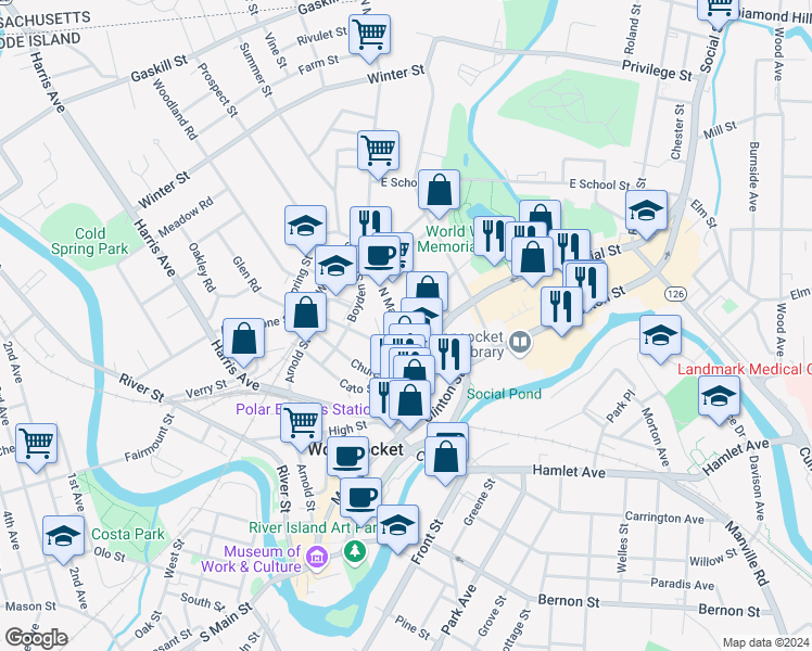 map of restaurants, bars, coffee shops, grocery stores, and more near 17 North Main Street in Woonsocket
