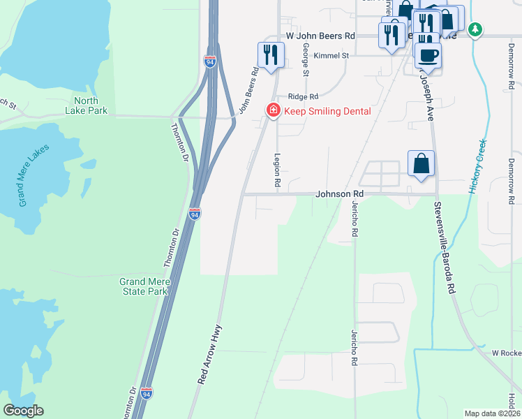 map of restaurants, bars, coffee shops, grocery stores, and more near 6113 Red Arrow Hwy in Stevensville