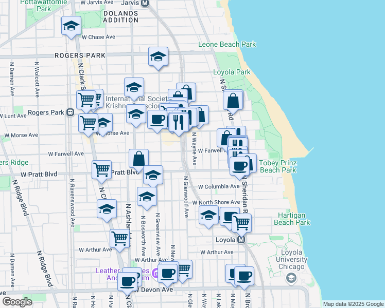 map of restaurants, bars, coffee shops, grocery stores, and more near 6817 North Wayne Avenue in Chicago