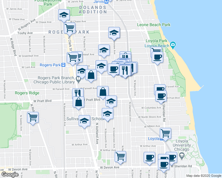 map of restaurants, bars, coffee shops, grocery stores, and more near 1524 West Pratt Boulevard in Chicago