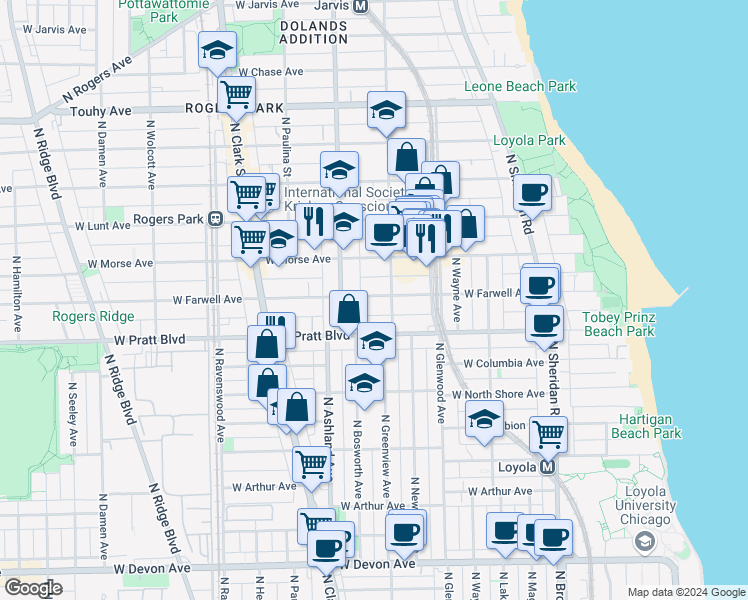 map of restaurants, bars, coffee shops, grocery stores, and more near 1524 West Pratt Boulevard in Chicago