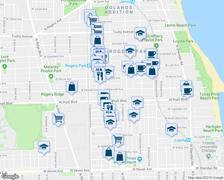 map of restaurants, bars, coffee shops, grocery stores, and more near 1648 West Pratt Boulevard in Chicago