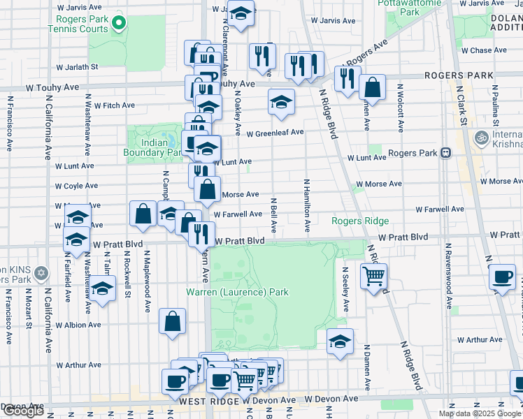 map of restaurants, bars, coffee shops, grocery stores, and more near 2223 West Farwell Avenue in Chicago