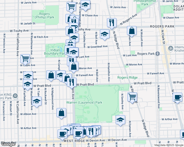 map of restaurants, bars, coffee shops, grocery stores, and more near 2223 West Farwell Avenue in Chicago