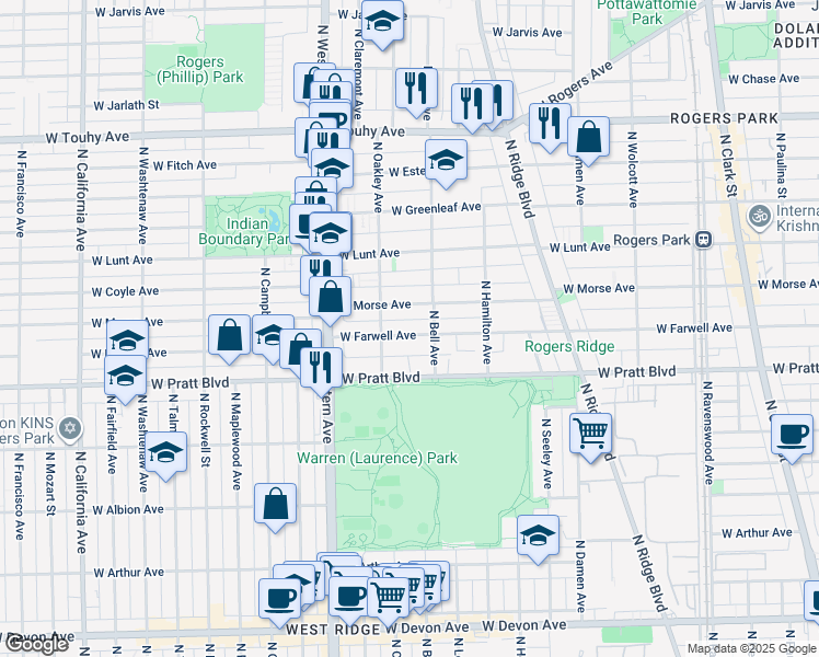map of restaurants, bars, coffee shops, grocery stores, and more near 2223 West Farwell Avenue in Chicago