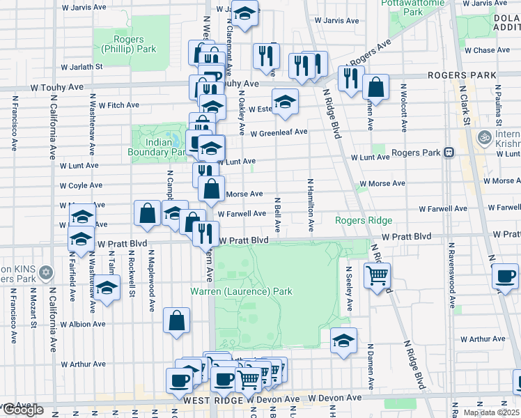 map of restaurants, bars, coffee shops, grocery stores, and more near 2223 West Farwell Avenue in Chicago