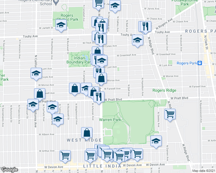 map of restaurants, bars, coffee shops, grocery stores, and more near 2307 West Farwell Avenue in Chicago