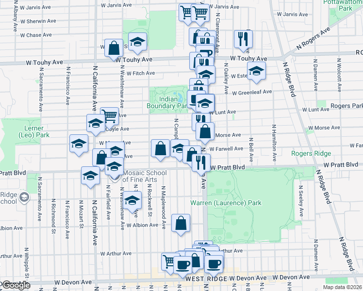 map of restaurants, bars, coffee shops, grocery stores, and more near 2434 West Farwell Avenue in Chicago