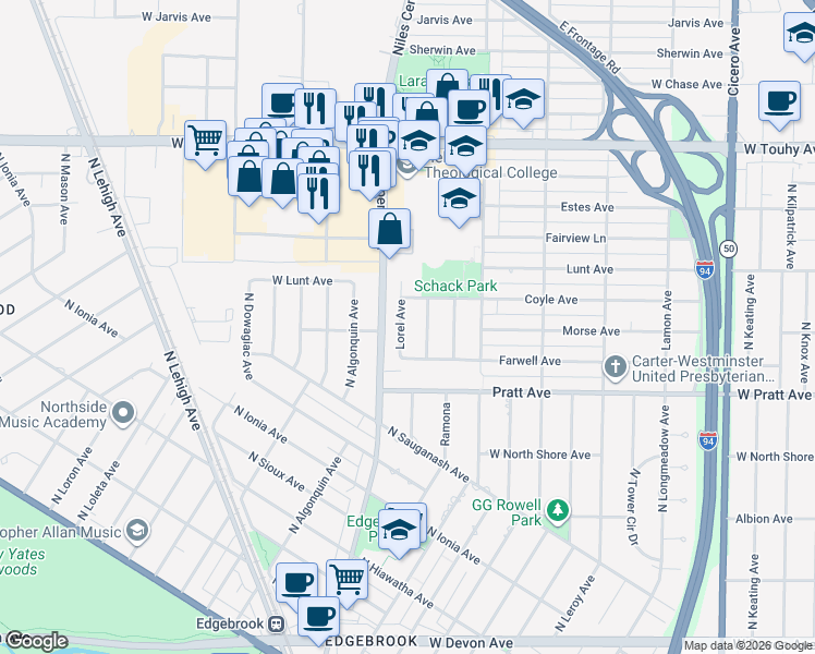 map of restaurants, bars, coffee shops, grocery stores, and more near 6843 Lorel Avenue in Skokie
