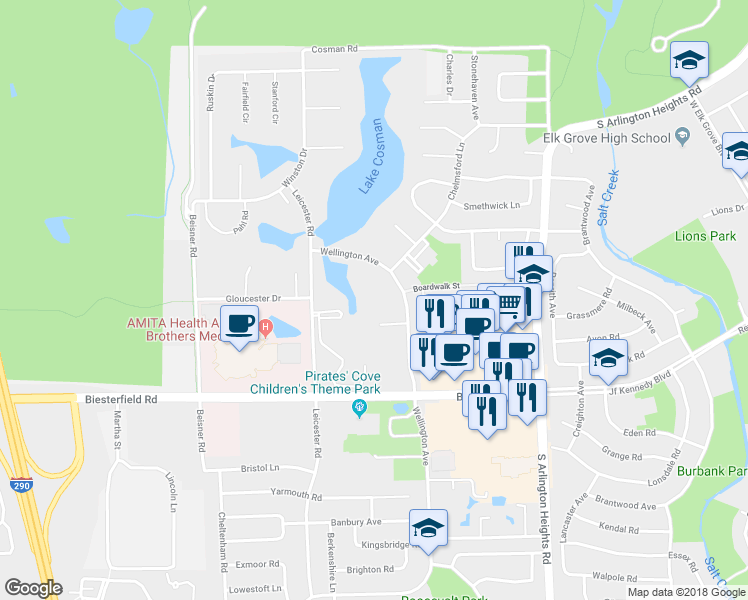 map of restaurants, bars, coffee shops, grocery stores, and more near 840 Wellington Avenue in Elk Grove Village