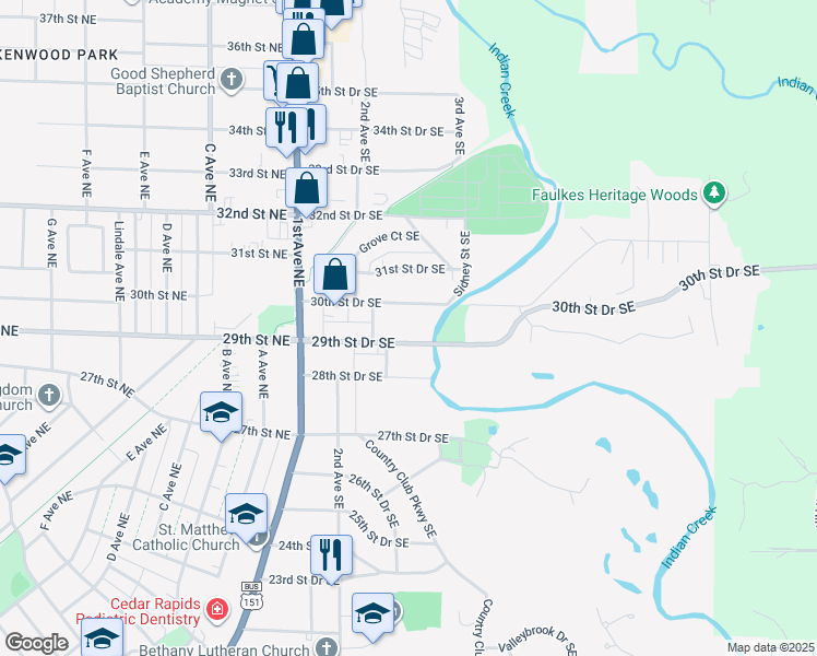 map of restaurants, bars, coffee shops, grocery stores, and more near 331 29th Street Drive Southeast in Cedar Rapids