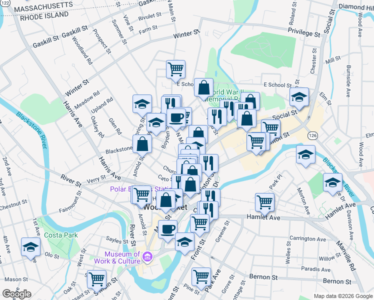 map of restaurants, bars, coffee shops, grocery stores, and more near 17 North Main Street in Woonsocket