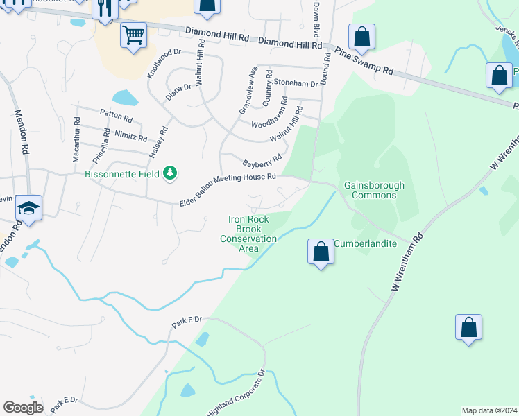 map of restaurants, bars, coffee shops, grocery stores, and more near 1304 Brook Haven Ln in Woonsocket