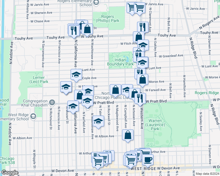 map of restaurants, bars, coffee shops, grocery stores, and more near 2555 West Morse Avenue in Chicago