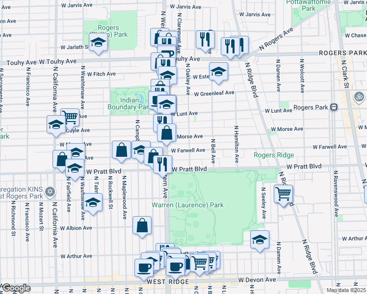 map of restaurants, bars, coffee shops, grocery stores, and more near 2310 West Farwell Avenue in Chicago