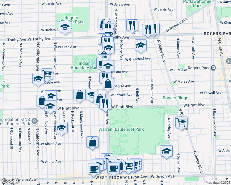 map of restaurants, bars, coffee shops, grocery stores, and more near 2307 West Farwell Avenue in Chicago