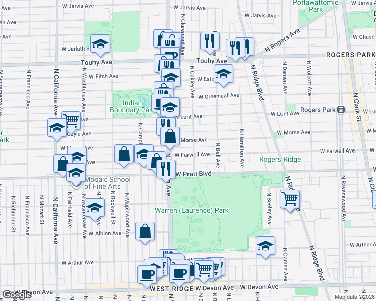 map of restaurants, bars, coffee shops, grocery stores, and more near 2307 West Farwell Avenue in Chicago