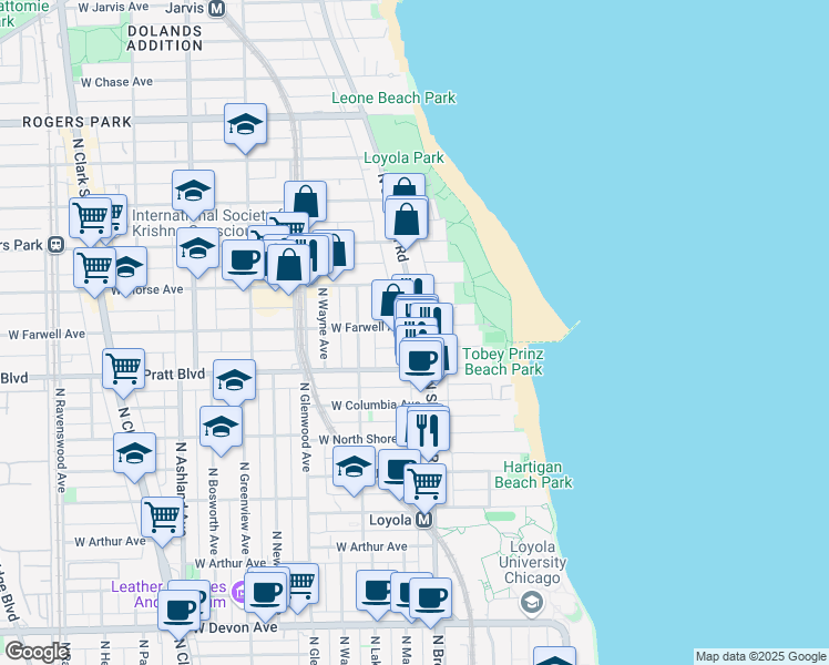 map of restaurants, bars, coffee shops, grocery stores, and more near 6832 North Sheridan Road in Chicago