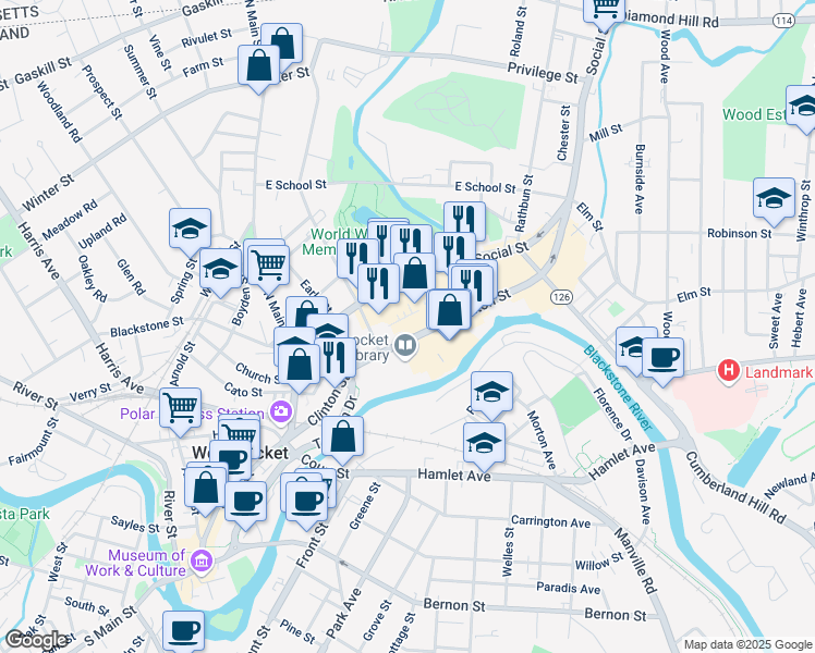 map of restaurants, bars, coffee shops, grocery stores, and more near 333 Clinton Street in Woonsocket