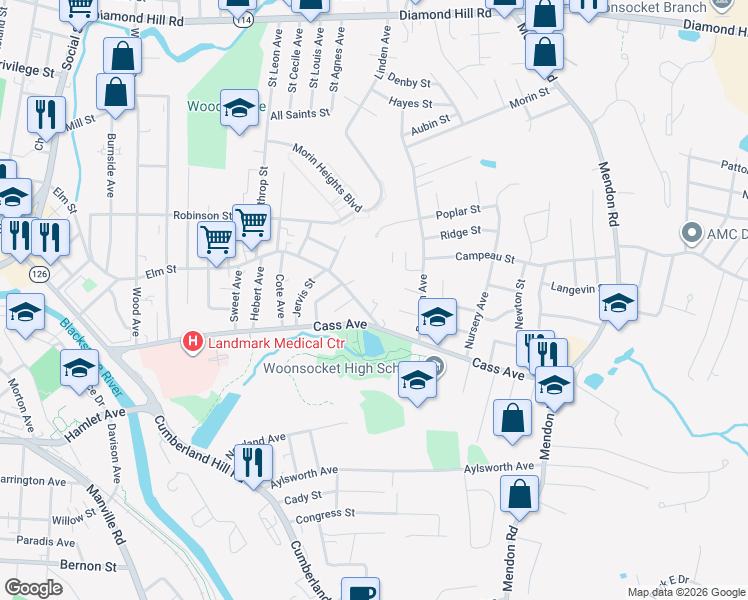 map of restaurants, bars, coffee shops, grocery stores, and more near 562 Cass Avenue in Woonsocket