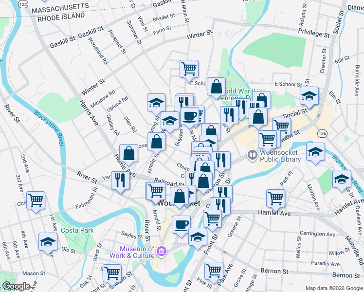 map of restaurants, bars, coffee shops, grocery stores, and more near 66 Blackstone Street in Woonsocket