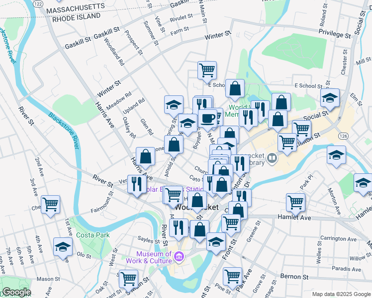 map of restaurants, bars, coffee shops, grocery stores, and more near 185 Church Street in Woonsocket