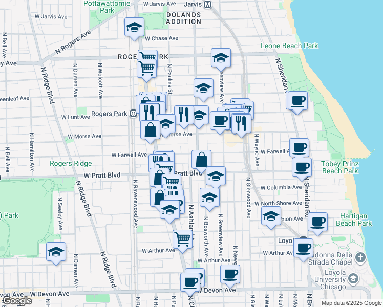 map of restaurants, bars, coffee shops, grocery stores, and more near 6818 North Ashland Avenue in Chicago